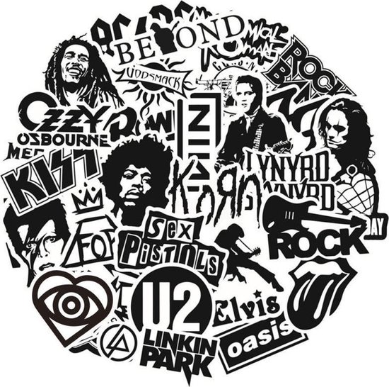 50 zwart wit stickers met bands en artiesten - voor laptop, gitaar, muur etc. - Merkloos