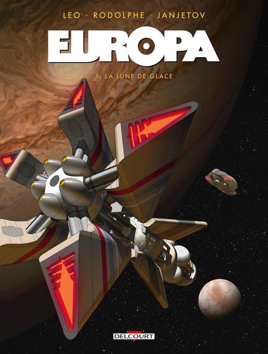 Sci-fi stripboek cover met een futuristisch ruimteschip en een planeet.