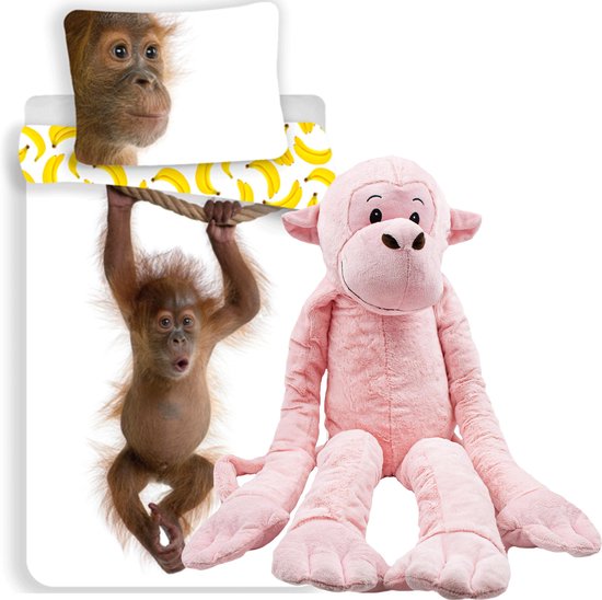 Dekbedovertrek Aap met grote roze slinger aap knuffel 100 cm kinder set,  slaapkamer... | bol.com