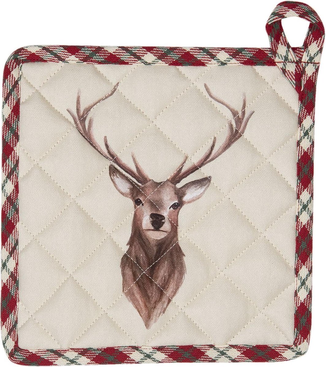 Clayre & Eef Pannenlap 20x20 cm Beige Rood Katoen Hert