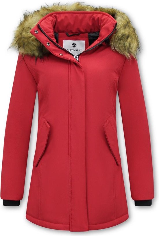 MATOGLA Manteau d'hiver pour femme avec col en imitation fourrure - Coupe slim - Rouge