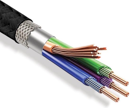 Gedetailleerde close-up van een zwarte kabel met gevlochten buitenmantel, zilveren connector en gekleurde draden (groen, paars, blauw).