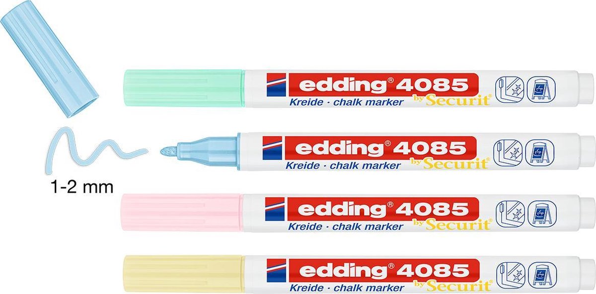 Krijtstift edding 4085 - 4 kleuren krijtmarkers: pastel-geel, pastel-groen, pastel-roze en pastel-blauw - ronde punt 1-2mm