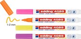 Krijtstift edding 4085 - 4 kleuren krijtmarkers: neon-roze, neon-geel, neon-oranje en frambozenrood - ronde punt, 1-2mm