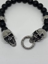 RH-Jewelry. Heren armband. Onyx met stalen skulls met ringsluiting. Maat 23 cm