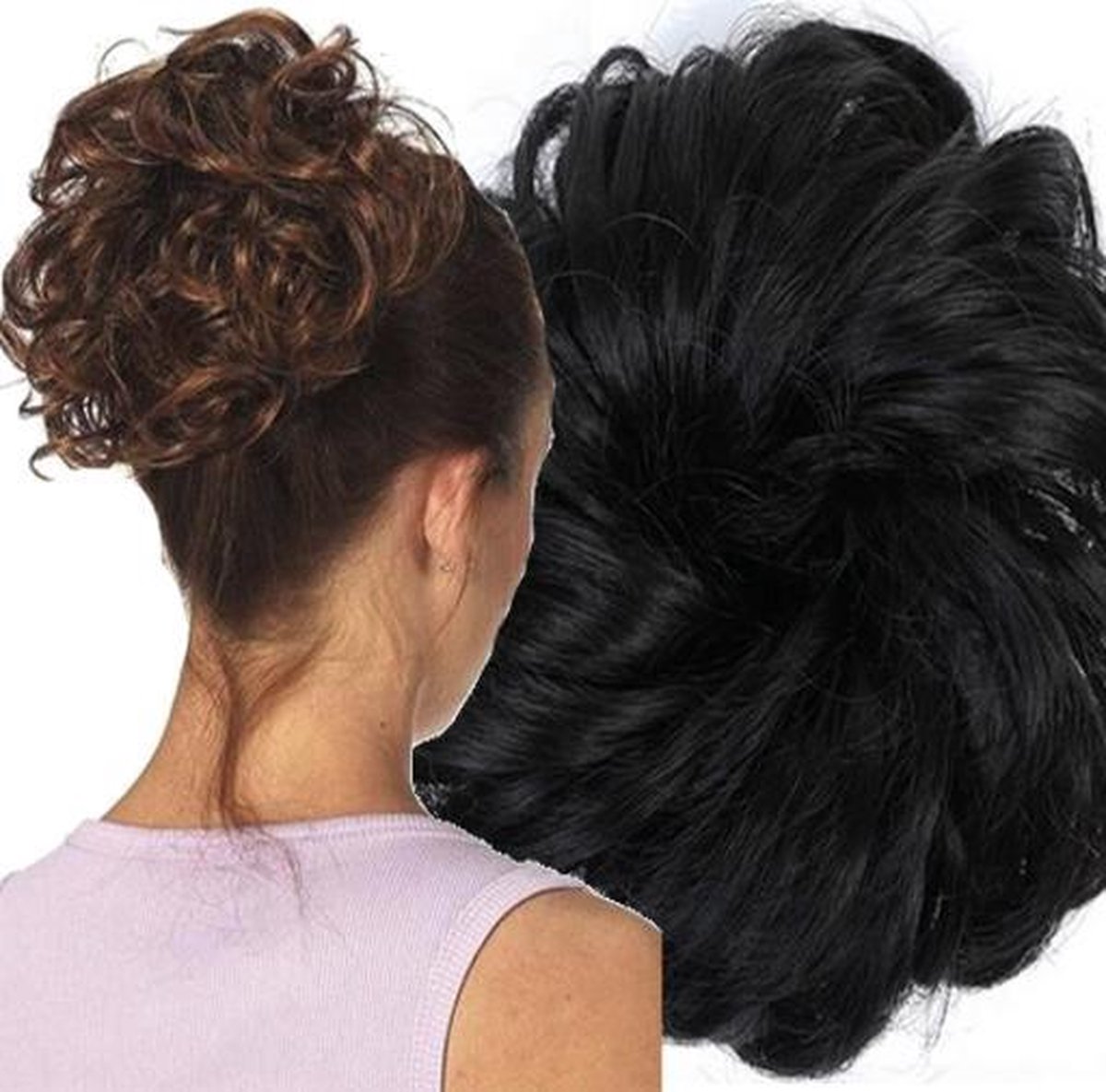 Messy Hair Bun | Curly Haar Wrap Extension Zwart | Inclusief Luxe Bewaarzakje.*