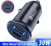 Dual USB 3.0 Snellader Auto - Metaal - Mini Formaat - Kwaliteit - Led - Metalen Body - QC 3.0 Duo Lader - 12 tot 24 Volt - Quick Charge - Aluminium - Micro - Verlichting - Autolader - Usb - S