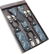 Bretels Heren - 6 Stevige Clips - Blauw met Paisley motief - Zwart Leer - 3.5 cm