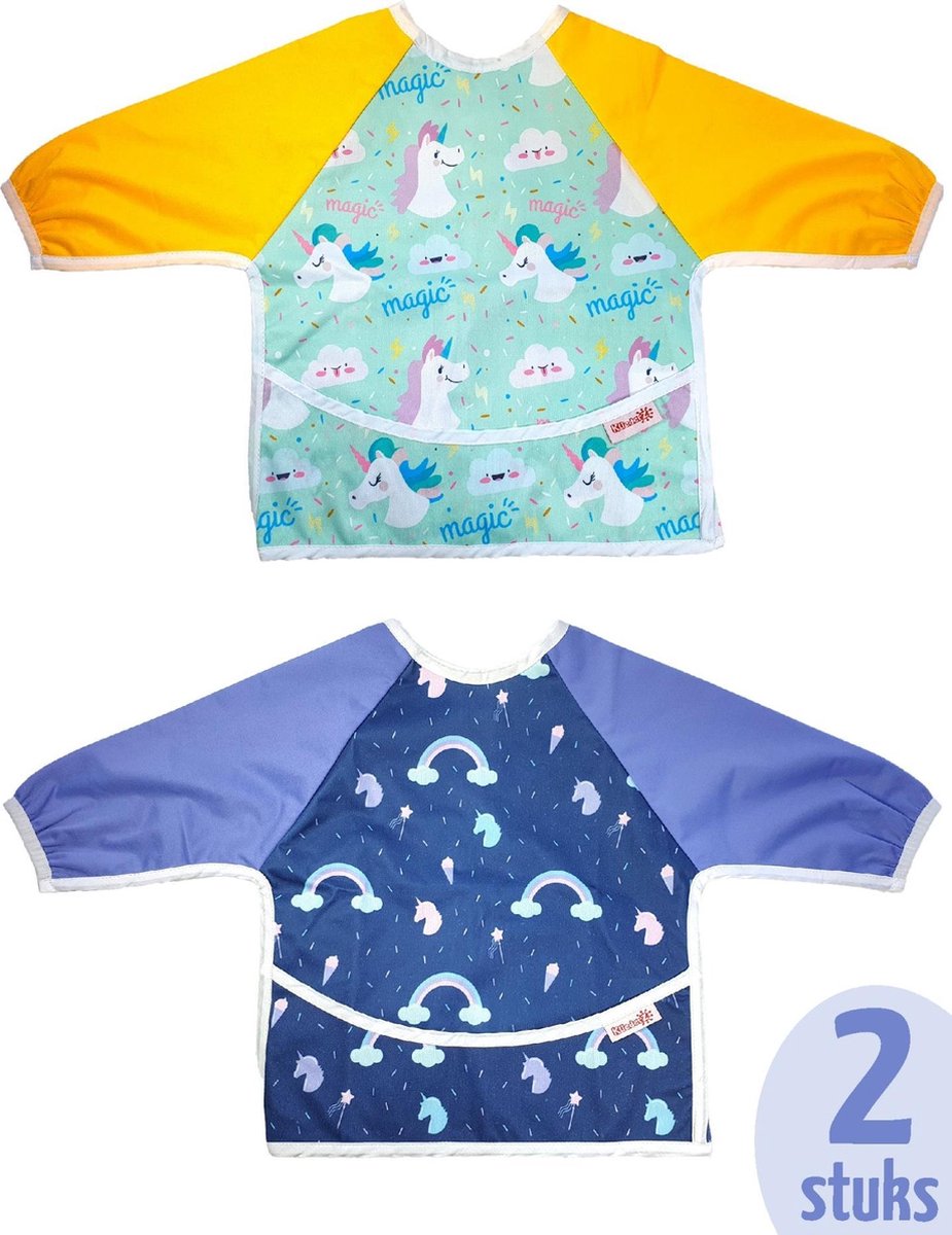 Goedkoopste Slab met mouwen van KliederZ | Unicorn lange mouwslab 6 - 18 mnd | meisjes babyslabbers met opvangbak 2 stuks LB07