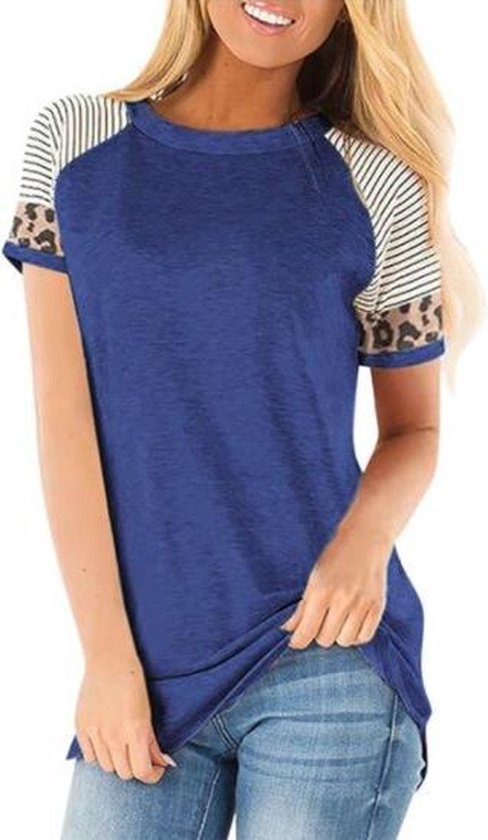 Blauw t-shirt met streepje luipaard print - dames - vrouw - kleding mode - shirt | bol.com