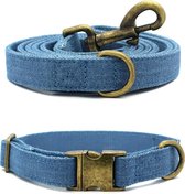 Studio Proud - Complete set - Halsband en hondenriem - denim -bronskleurige accenten - maat M -te combineren met bijpassende poepzakjeshouder