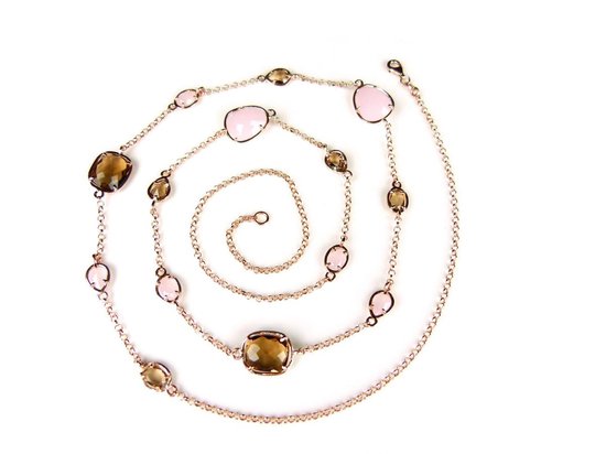 Zilveren halsketting collier halssnoer roos goud verguld Model Multi Forms gezet met bruine en roze stenen
