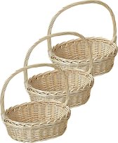 3x Gevlochten rieten mandjes ovaal 24 x 30 x 10 cm met hengsel - Tafel dekken - Fruitmanden/fruitschalen - Broodmanden