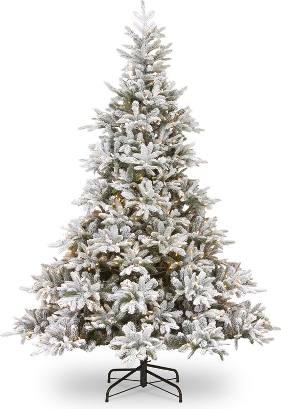 Andorra Flocked kunstkerstboom - 213 cm - groen - Ø 149 cm - 2.329 tips - 400 ledlampjes - besneeuwd - metalen voet