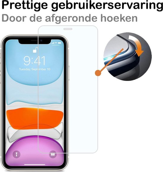 Telefoon met screenprotector, detail van afgeronde hoeken.