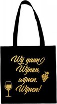 Shopper met opdruk “Wij gaan wijnen wijnen wijnen” Zwarte tas met gouden opdruk.