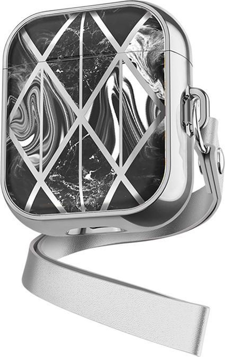 DrPhone PL2 - Marmer Patroon Case - Beschermende Case – Silicone & TPU Cover - Zwart – Geschikt voor Airpods 1/2- Zilver