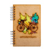 KOMONI - Duurzaam houten Notitieboek - Dagboek -  Gerecycled papier - Navulbaar -  A5 - Gelinieerd -  Amsterdam Fiets