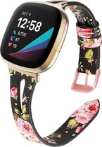 SmartphoneClip® Leer double Bandje pink flower geschikt voor Fitbit Versa 3 en Fitbit Sense
