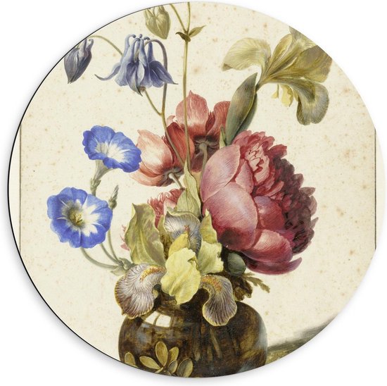 Dibond Wandcirkel - Oude meesters - Bloemen in een fles, Dirck de Bray, 1674 - 60x60cm Foto op Aluminium Wandcirkel (met ophangsysteem)