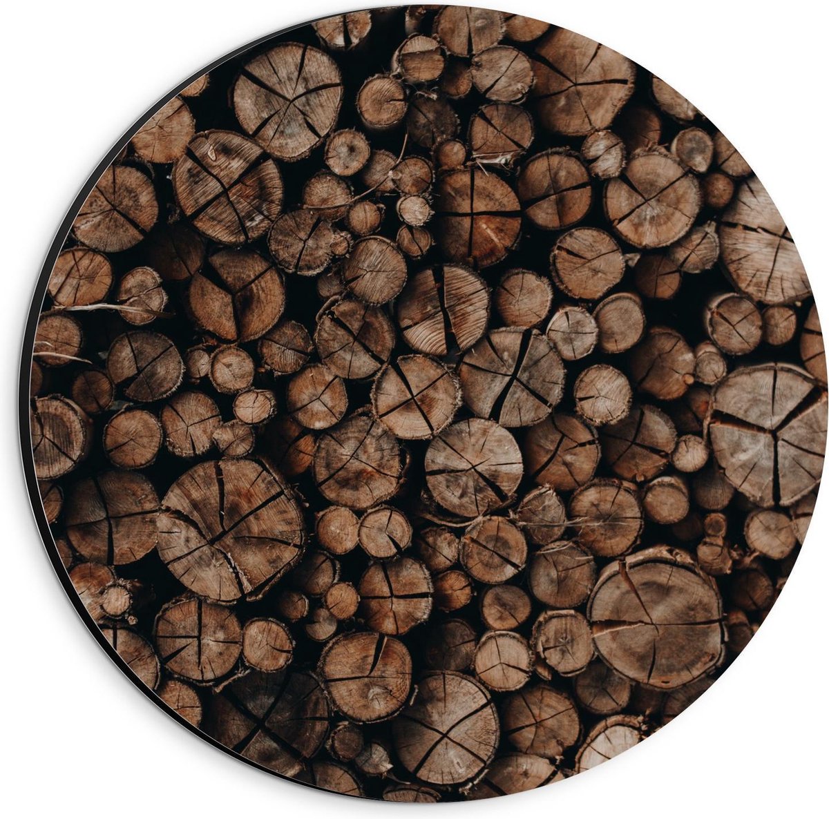 Dibond Wandcirkel - Houten Palen Opgestapeld - 20x20cm Foto op Aluminium Wandcirkel (met o