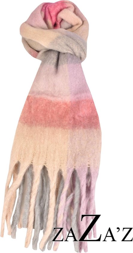 Roze/Lila sjaal - geblokte - grote -warme sjaal -met franjes | bol.com