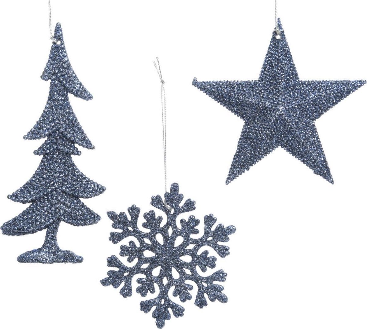 10 stuks! Hanger Kerstbal plastic glitter nachtblauw Decoris