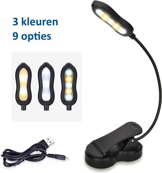 EDISHINE Leeslamp, 8 leds, USB-klem, oplaadbaar, met 360 graden, flexibel, zwanenhals, 3 kleuren (1800 K/4000 K/6000 K), traploos dimbaar, oogbescherming om in bed te lezen, zwart