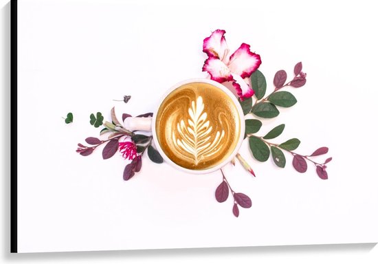 Canvas - Koffie met Bloemen en Bladeren - Foto op Canvas Schilderij (Wanddecoratie op Canvas)