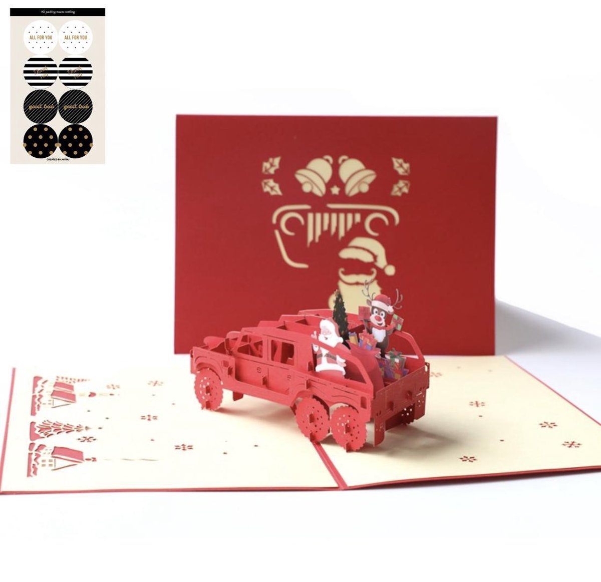 3D popup Kerstkaart Kerstman in de Jeep met rendier Pop-up wenskaart Incl. Envelop & 8 Feestelijke sluitzegels - Complete set