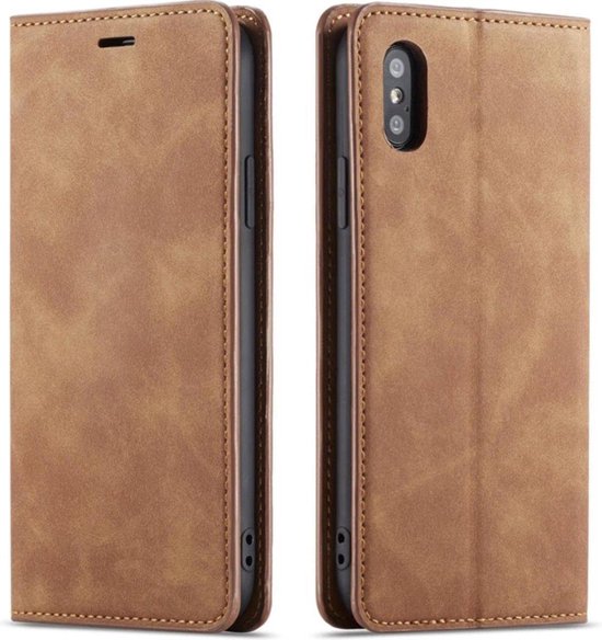 PORTER RILEY Lederen IPhone XR Hoes - Premium Portemonnee Flip Case Met Kaartsleuven En Standaard (Bruin)
