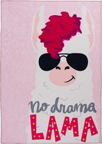 Vrolijk vloerkleed kinderkamer - No Drama Lama - Roze - 80x120 cm