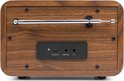Achterkant van de retro radio met houten afwerking, antenne en aansluitingen voor stroom, line-out en koptelefoon.