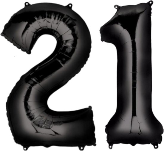 Ballon Cijfer 21 Jaar Zwart Verjaardag Versiering Zwarten Helium Ballonnen Feest Versiering 86 Cm XL Formaat Met Rietje