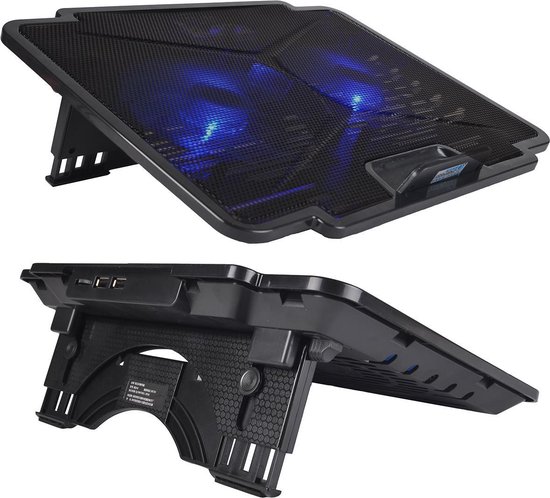 CoolCold K24 - Laptop Cooler - Tot 15,6 Inch - Gaming Laptop Cooler - Laptop Standaard Met 2 Ventilatoren - CPU Koeler - Zwart & Blauw