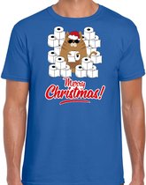 Fout Kerstshirt / Kerst t-shirt met hamsterende kat Merry Christmas blauw voor heren- Kerstkleding / Christmas outfit L