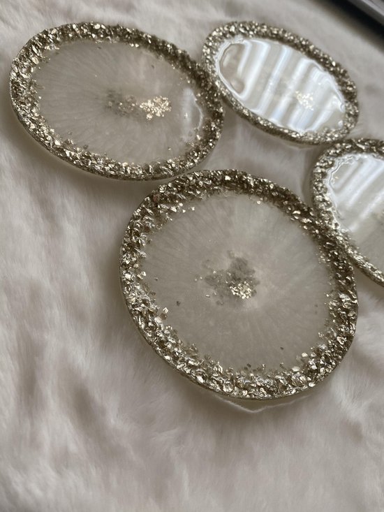 Epoxy onderzetters luxe stenen rand zilver set 4stuks/ wit & zilver kleurig  | bol.com