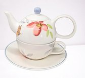 Tea for one set - Theeset - Keramiek - Handgeschilderd - Wit gebloemd met vlinder