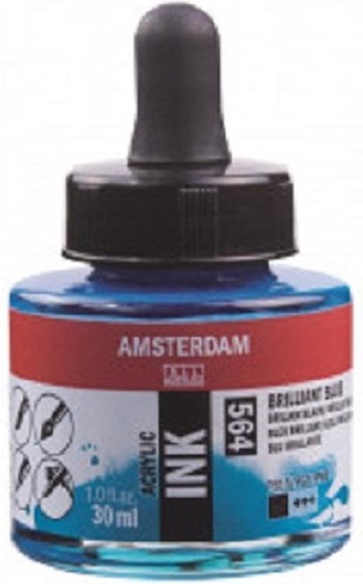 Amsterdam Acrylic Ink 564 Briljantblauw, 30 ml flesje met druppelaar. Rode band met witte tekst.