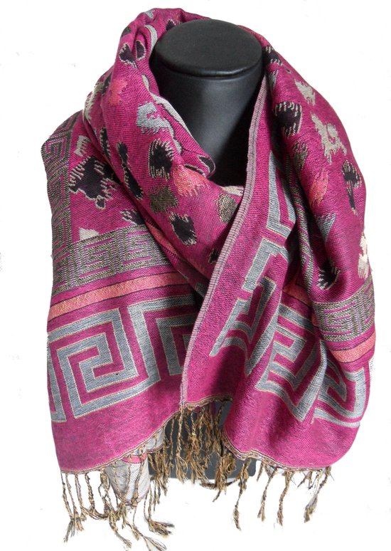 Mooie hippe sjaal van pashmina figuren in de kleuren paars beige grijs bruin lengte 180 cm breedte 70 cm.