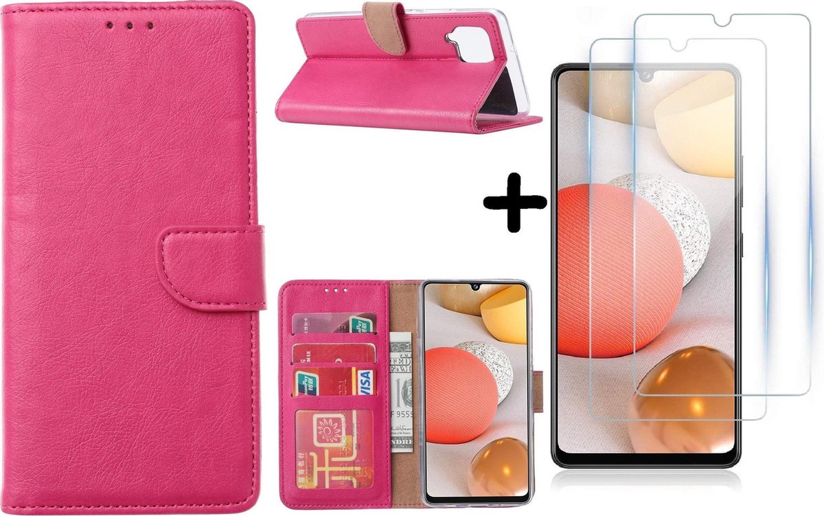 Hoesje Geschikt Voor Samsung Galaxy A42 5G hoesje bookcase Pink - Galaxy A42 wallet case portemonnee - A42 book case hoes cover - 2X screenprotector / tempered glass