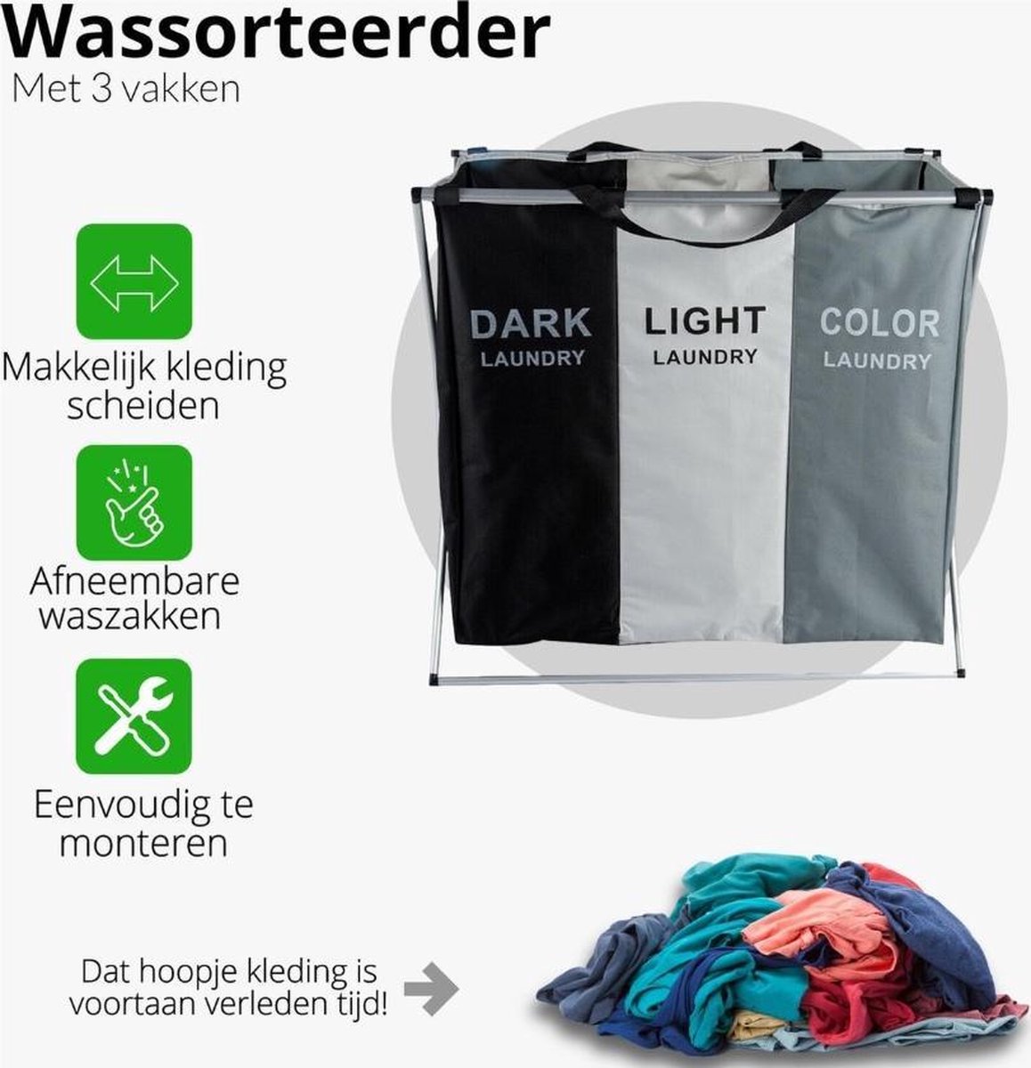 Wassorteerder - Wasmand met 3 vakken - Opvouwbaar - 90L | bol.com