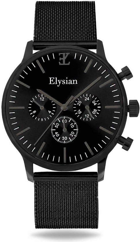 Gros plan d'une montre Elysian noire avec bracelet en maille et trois sous-cadrans.