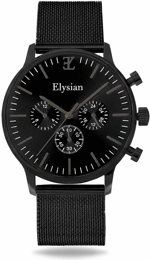 Montres Elysian pour Homme - Zwart - Maille - Acier Inoxydable - Étanche 5 Bar - Glas Saphir Anti-Rayures - Chronographe - Ø 43mm - Montre Homme - Cadeau pour Homme