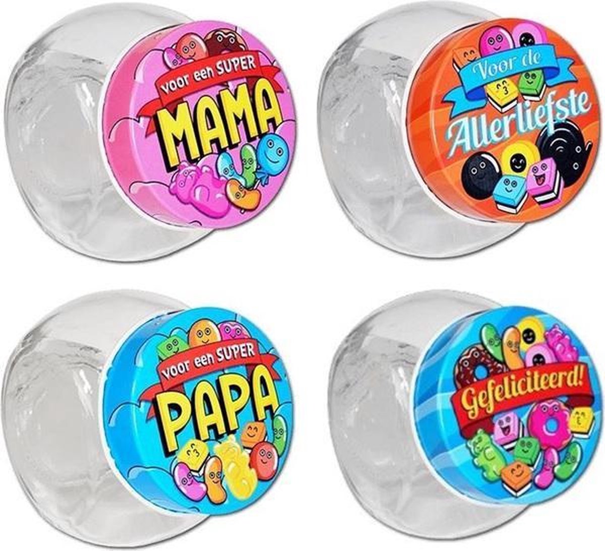 Partij van 16 snoeppotjes candy jars paperdreams - mama - papa - gefeliciteerd - allerliefste - snoep - snoeppot - glas - direct leverbaar - nieuw - candy - hersluitbaar