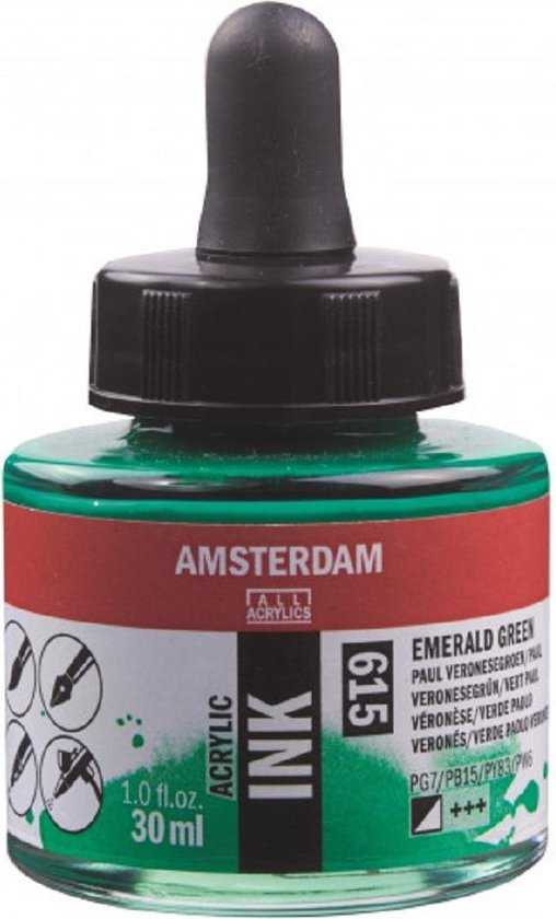 Amsterdam Acrylic Ink 615 Paul Veronesegroen, 30 ml in een glazen flesje met druppelaar.