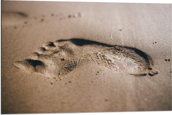 Dibond - Voetafdruk in het Natte Zand - 90x60cm Foto op Aluminium (Wanddecoratie van metaal)