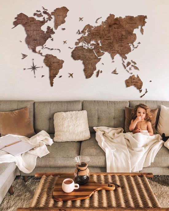 Wereldkaart en bois 2D - Noyer - M (100 x 60 cm)