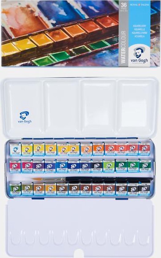 Metalentoilet met 36 halve napjes aquarelverf van Van Gogh, inclusief 2 penselen en een los deksel.