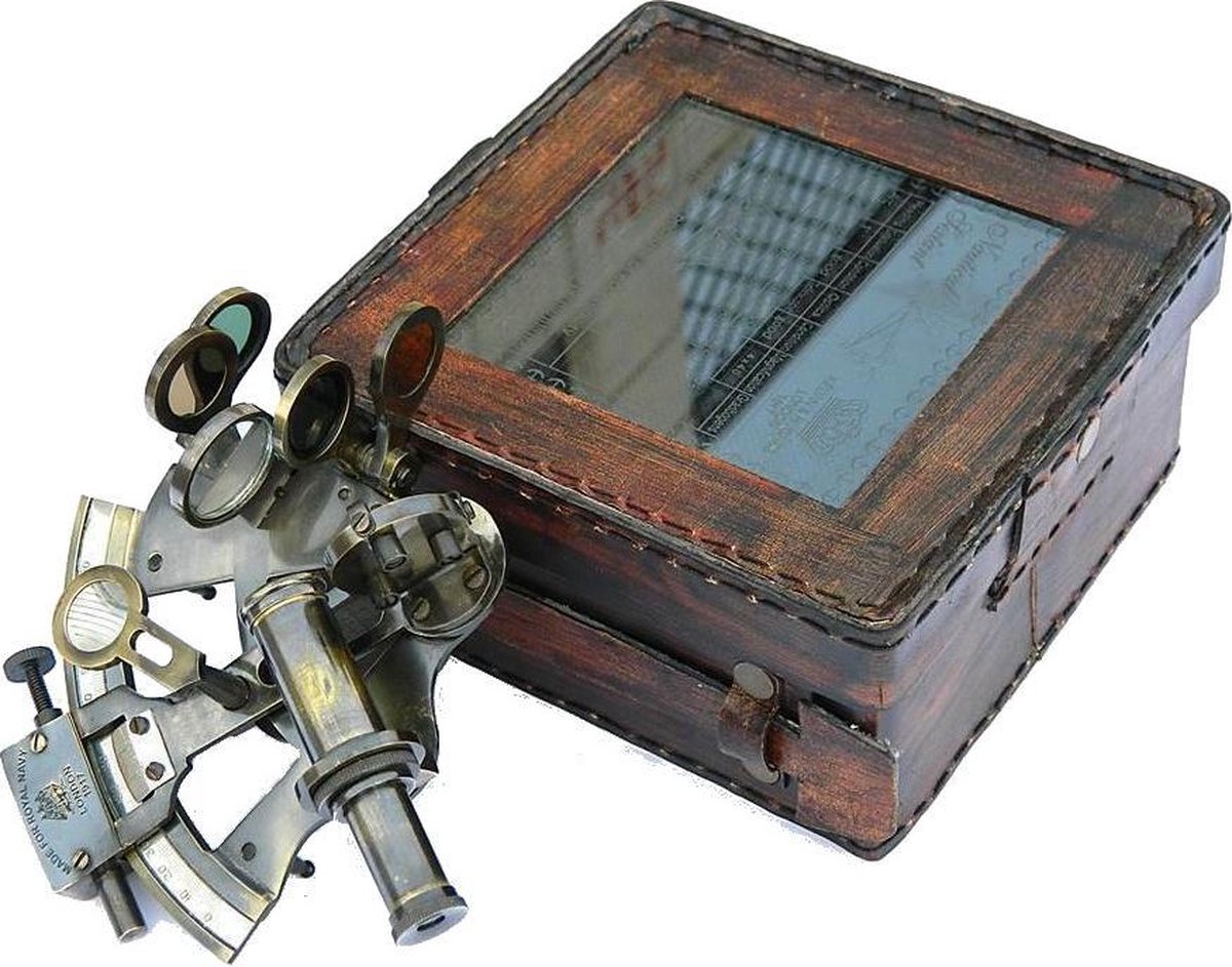 Sextant Messing in lederen doos | Maritiem gift set decoratie vintage zeevaart nautisch schip navigatie kado set schepen boot antiek geschenk